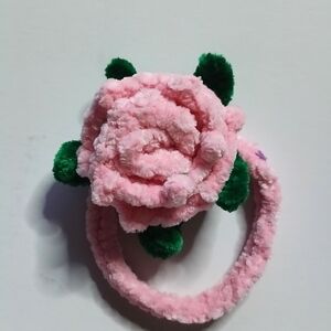 Plush Pink Rose Hair Tie with Green Leaves